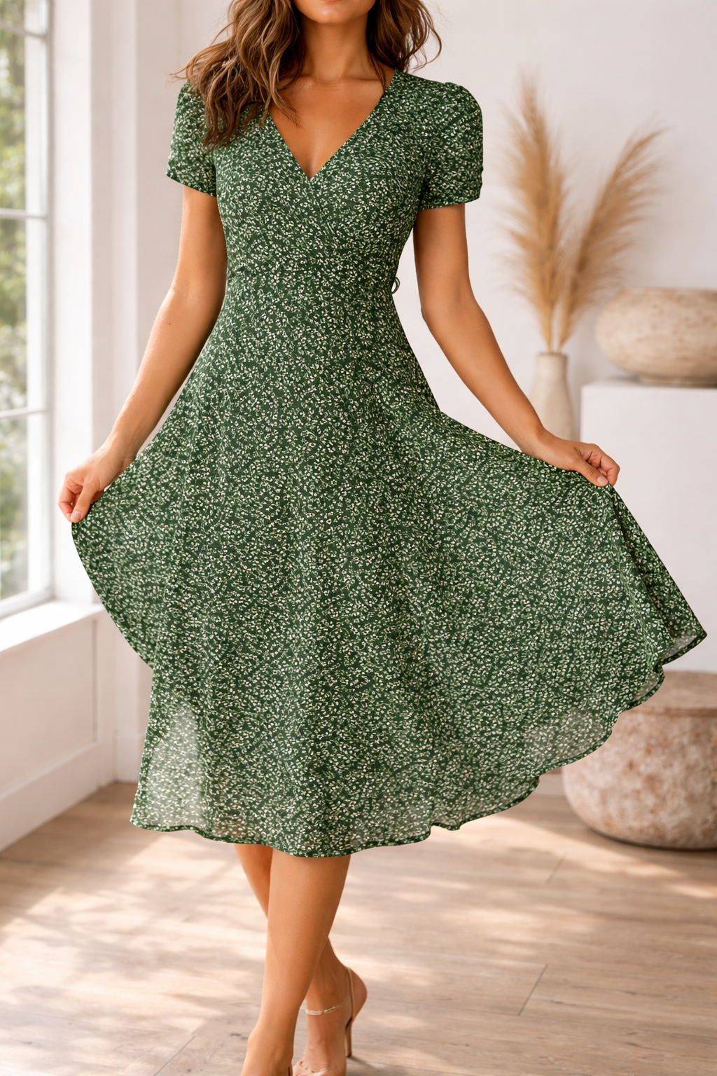 Vivette | Printed V-Neck Everyday Midi Dress