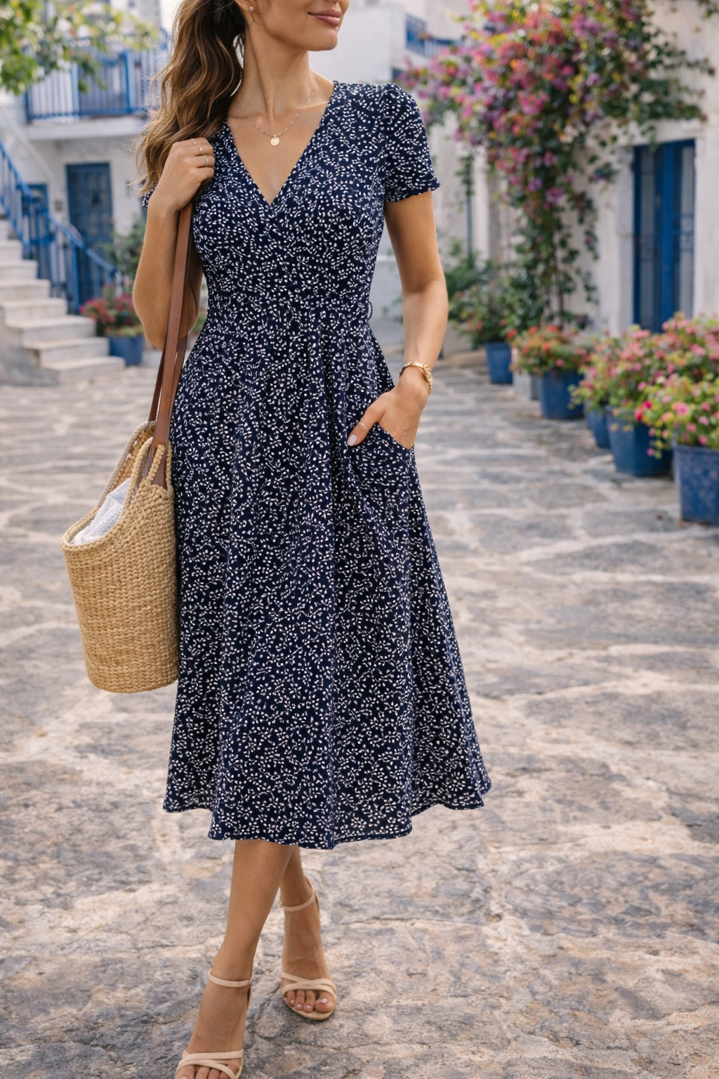 Vivette | Printed V-Neck Everyday Midi Dress