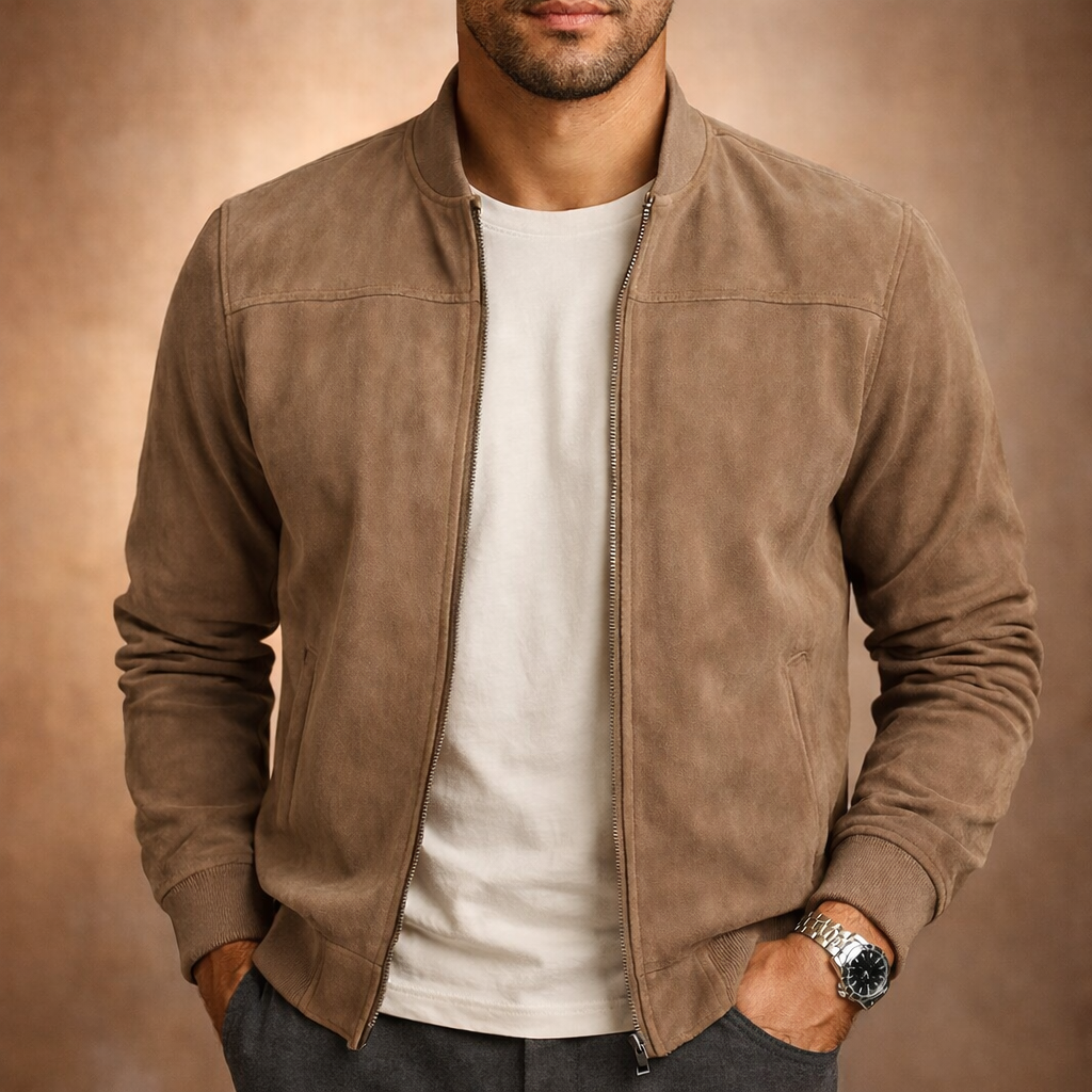 Evander | Suede Full Zip Bomber Jacket Ribbed Trim