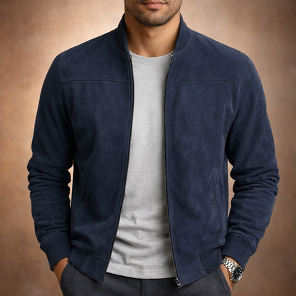 Evander | Suede Full Zip Bomber Jacket Ribbed Trim