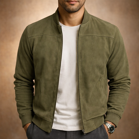 Evander | Suede Full Zip Bomber Jacket Ribbed Trim