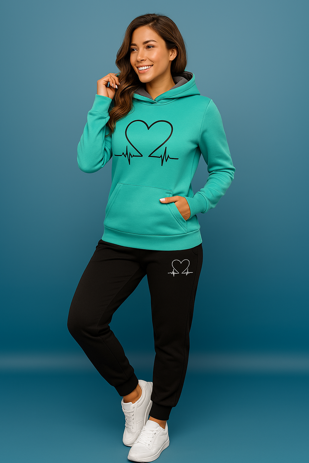 Harlow | Women's Soft Fleece Heartbeat Print Hoodie Set
