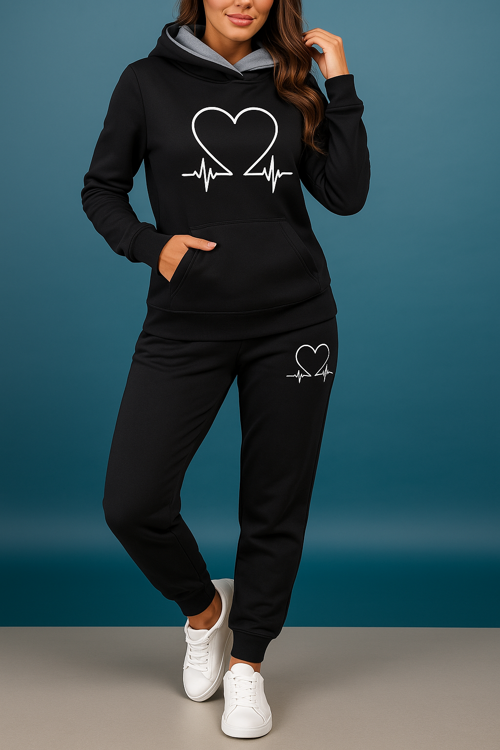 Harlow | Women's Soft Fleece Heartbeat Print Hoodie Set