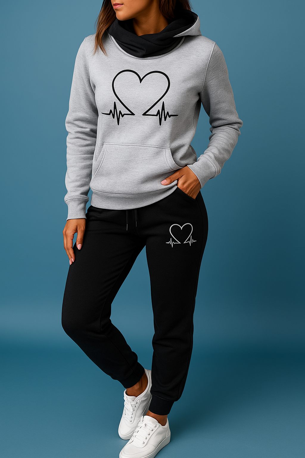 Harlow | Women's Soft Fleece Heartbeat Print Hoodie Set