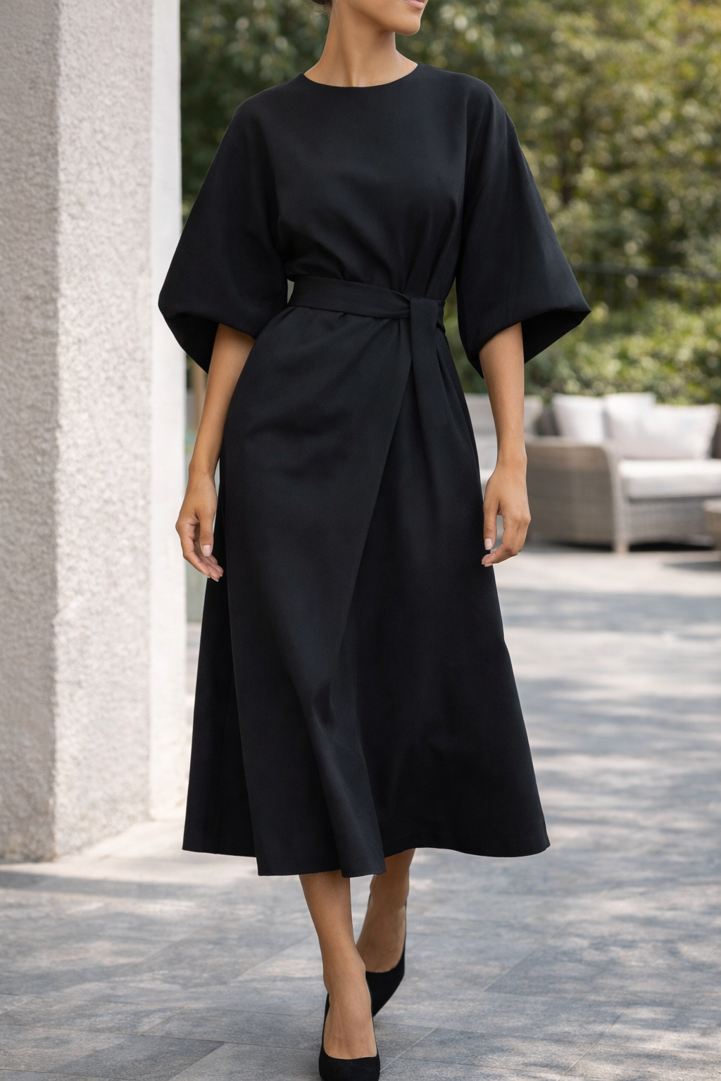 Mirande | Belted Wide Sleeve Midi Dress