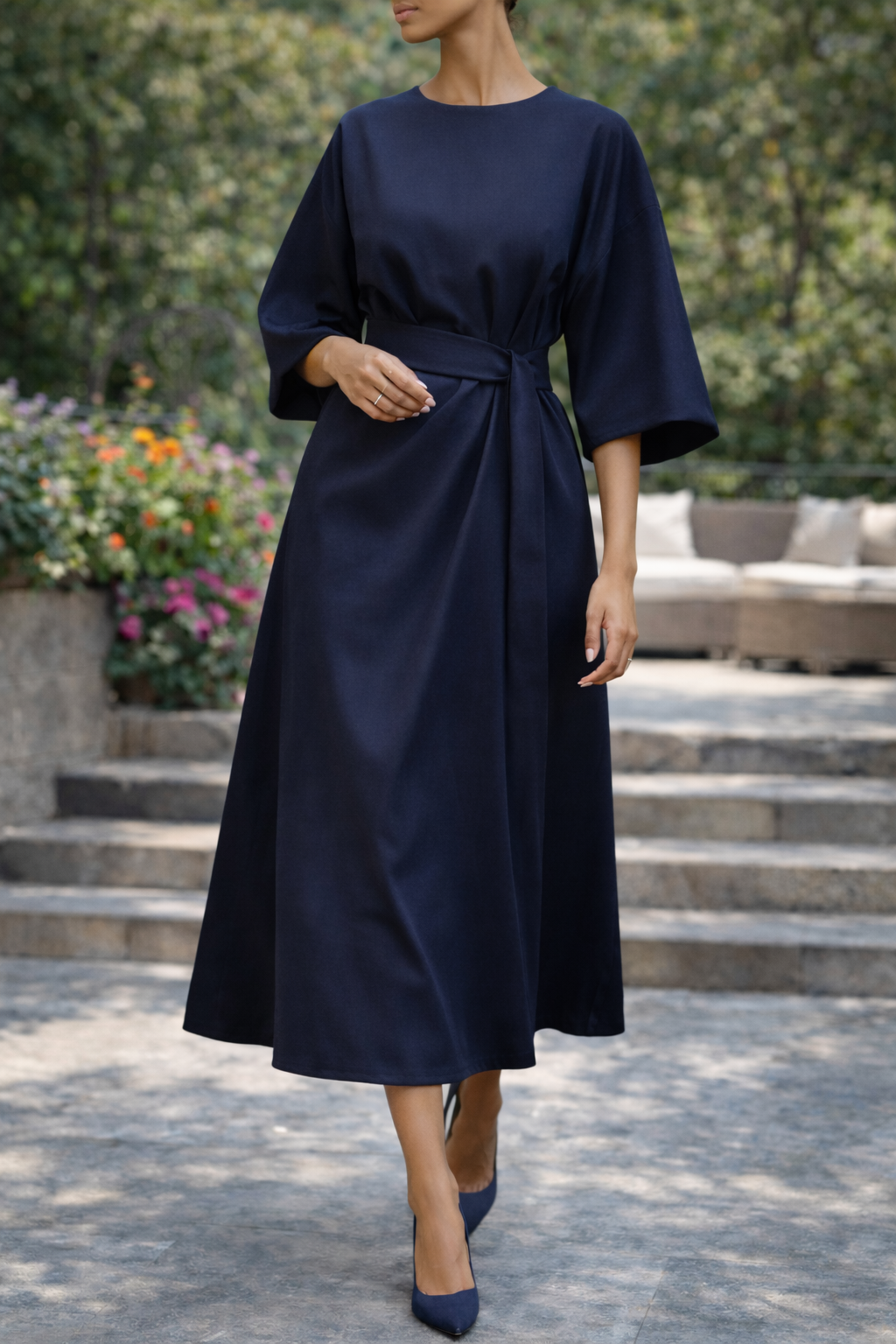 Mirande | Belted Wide Sleeve Midi Dress