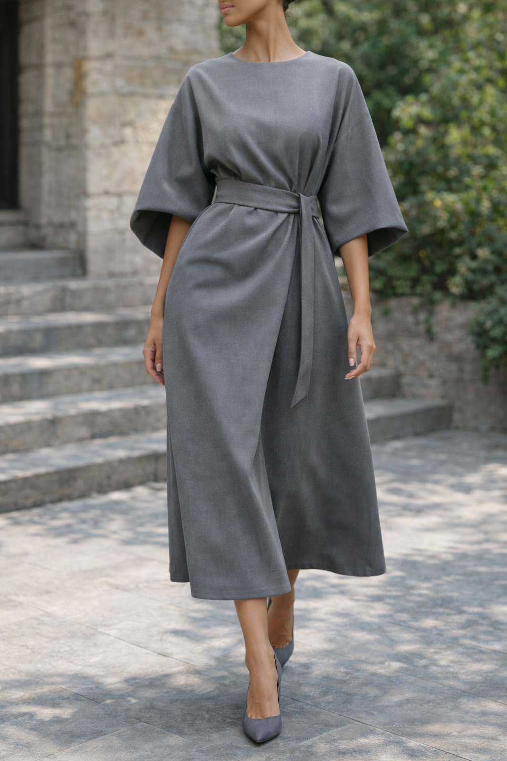 Mirande | Belted Wide Sleeve Midi Dress