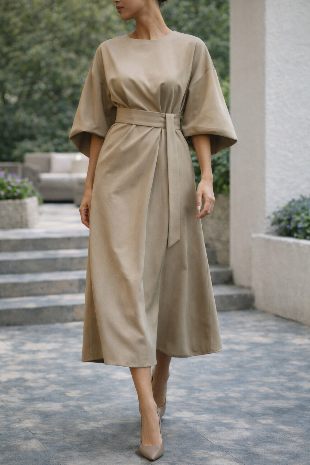 Mirande | Belted Wide Sleeve Midi Dress