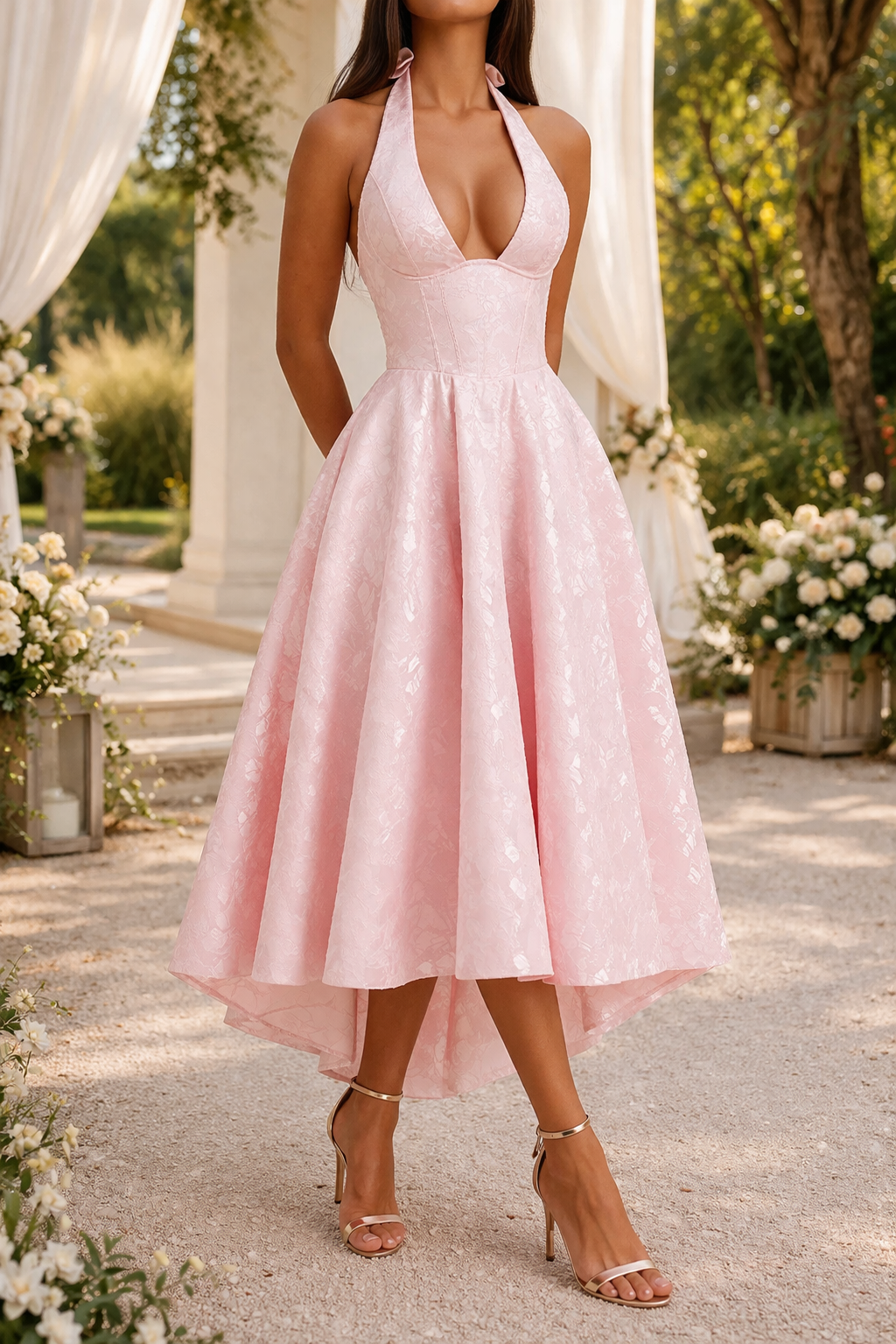 Halquine | Halter Neck Jacquard Elegant Occasion Midi Dress