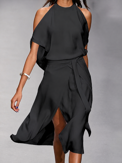Openova | Open Shoulder Asymmetric Tie Waist Midi Dress