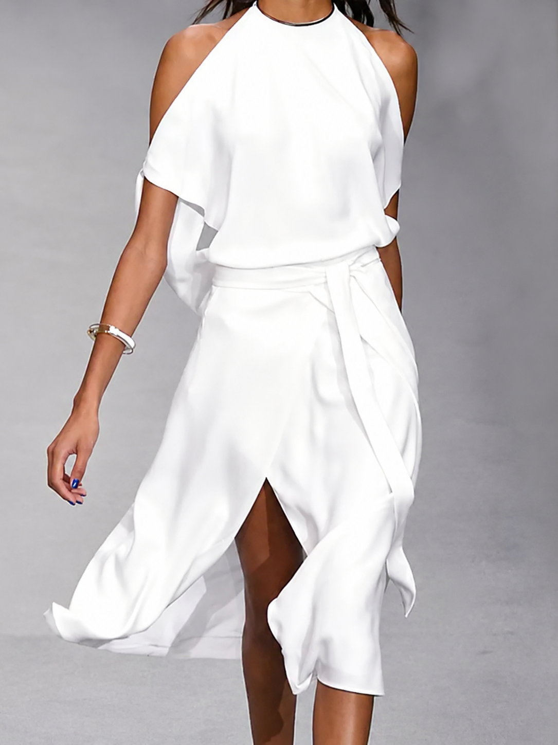Openova | Open Shoulder Asymmetric Tie Waist Midi Dress