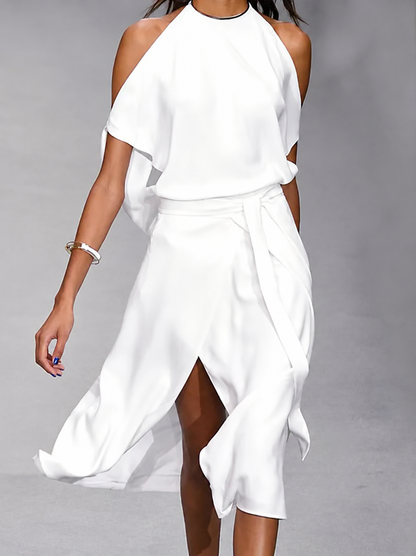 Openova | Open Shoulder Asymmetric Tie Waist Midi Dress