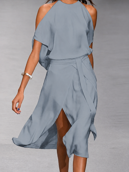 Openova | Open Shoulder Asymmetric Tie Waist Midi Dress