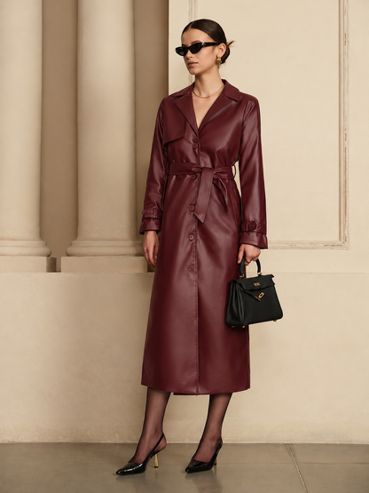 Calla | Belted Faux Leather Trench Coat Button Front