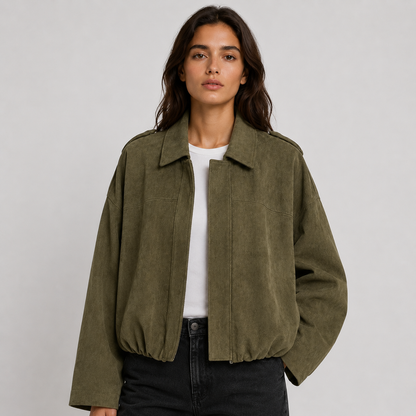 Mabel | Women's Collared Faux Suede Bomber Jacket