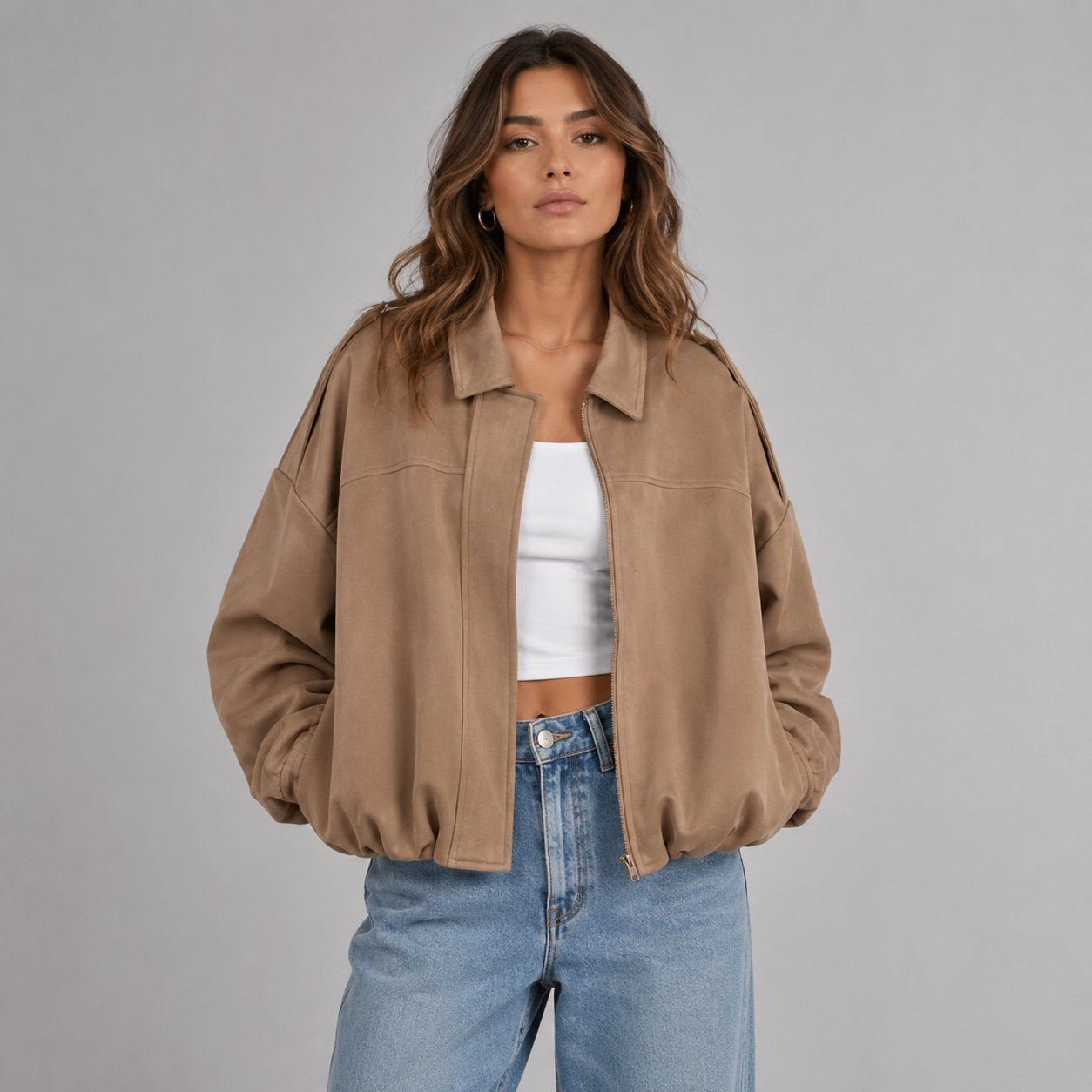 Mabel | Women's Collared Faux Suede Bomber Jacket