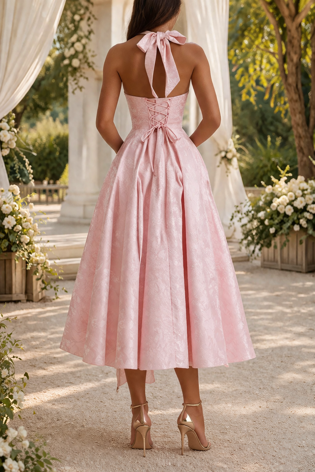Halquine | Halter Neck Jacquard Elegant Occasion Midi Dress