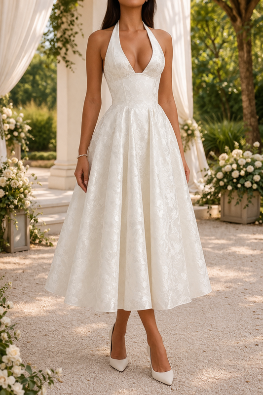 Halquine | Halter Neck Jacquard Elegant Occasion Midi Dress