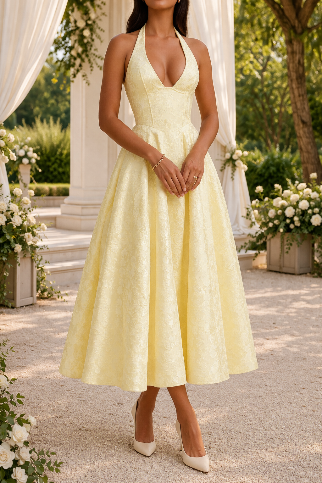 Halquine | Halter Neck Jacquard Elegant Occasion Midi Dress
