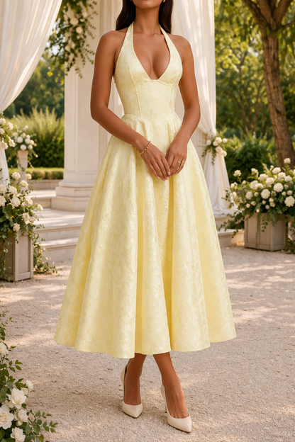 Halquine | Halter Neck Jacquard Elegant Occasion Midi Dress