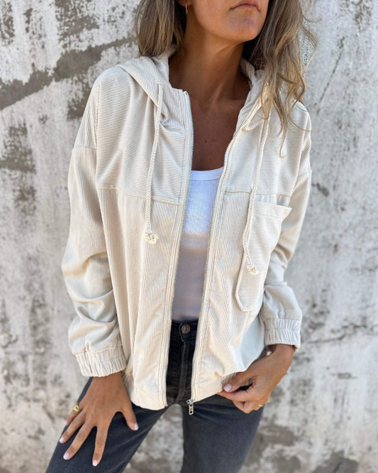 Women's Long-Sleeve Cotton Fleece Zip-Up Jacket — Retro Hooded Sweatshirt Style