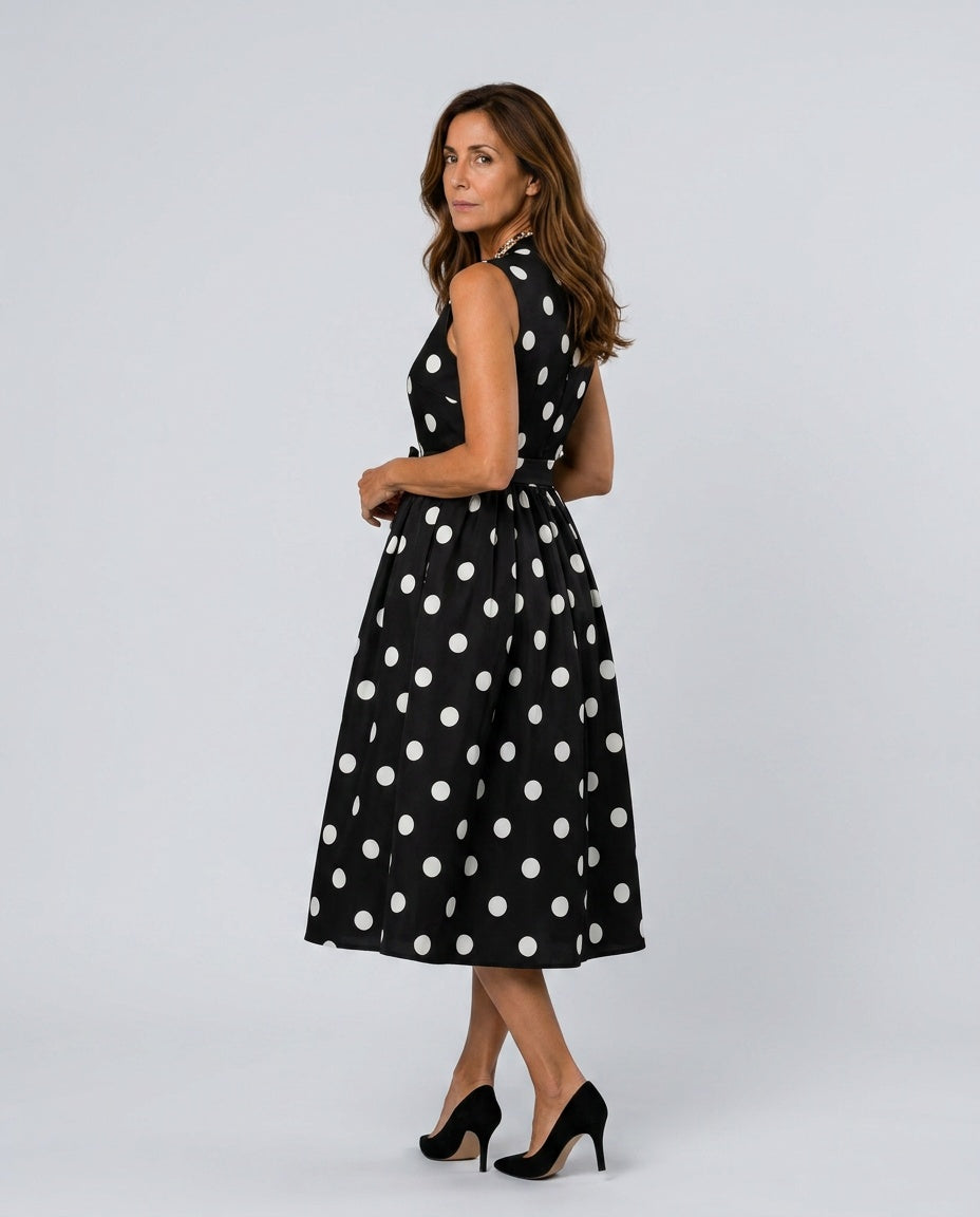 Vera | Sleeveless Polka Dot Belted Midi Dress