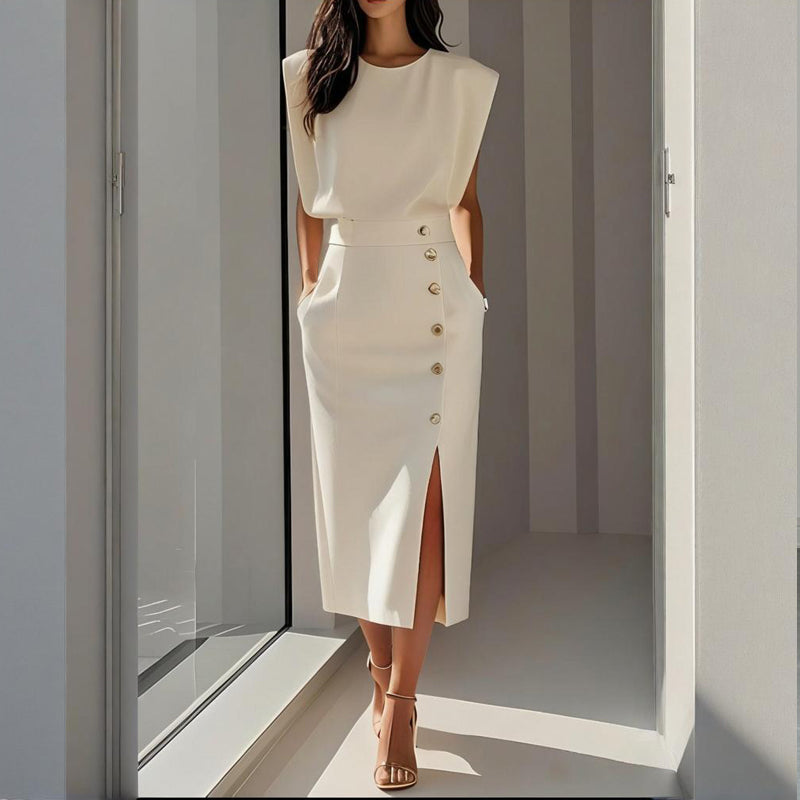 Structa | Structured Side Button Split Hem Tailored Midi Dress