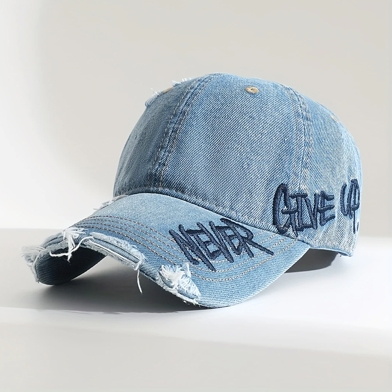 Distressed Denim Baseball Cap with Never Give Up Embroidery