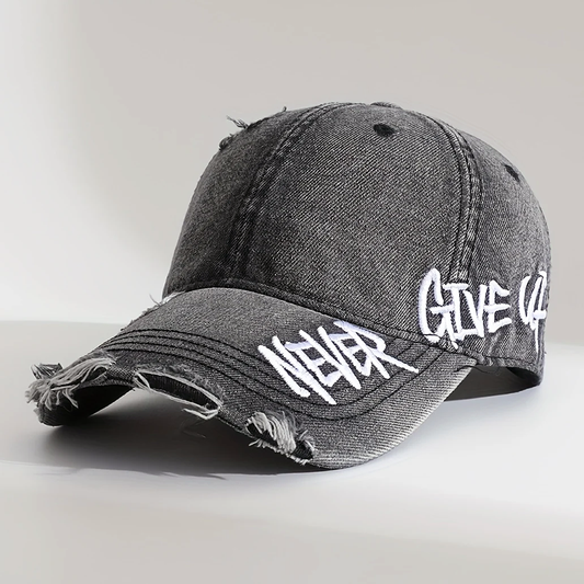 Distressed Denim Baseball Cap with Never Give Up Embroidery