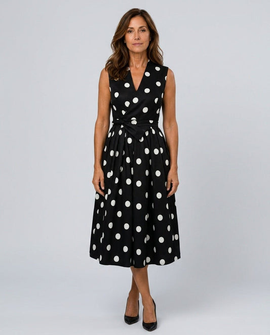 Vera | Sleeveless Polka Dot Belted Midi Dress
