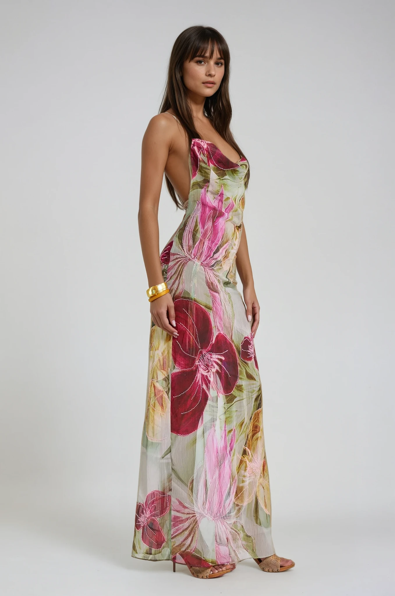 Emmarie | Women's Hand-Beaded Floral Print Maxi Dress