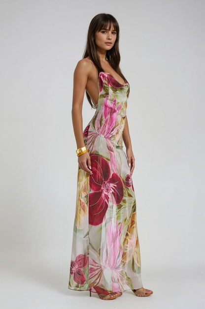 Emmarie | Women's Hand-Beaded Floral Print Maxi Dress