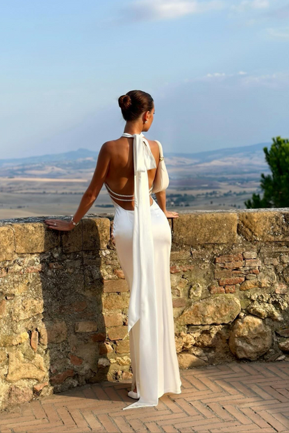 Priscilla | Women's Pearl Detail High Halter Maxi Dress
