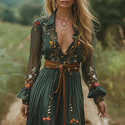 Embova | Embroidered Boho Sheer Sleeve Evening Maxi Dress