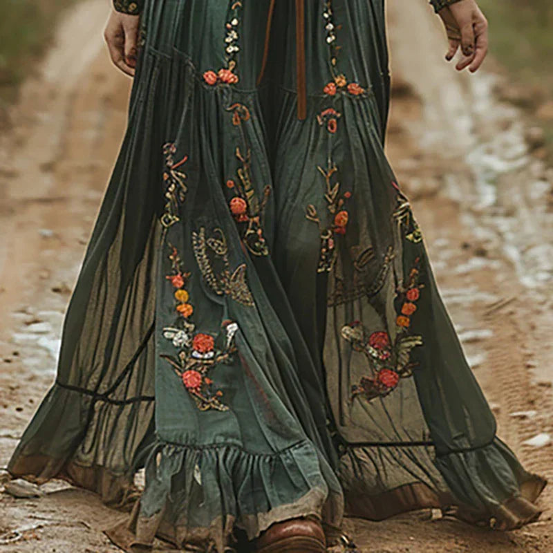 Embova | Embroidered Boho Sheer Sleeve Evening Maxi Dress