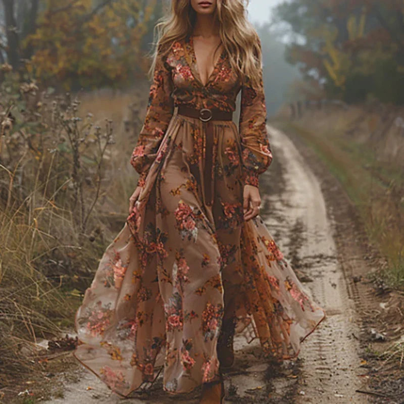 Embova | Embroidered Boho Sheer Sleeve Evening Maxi Dress