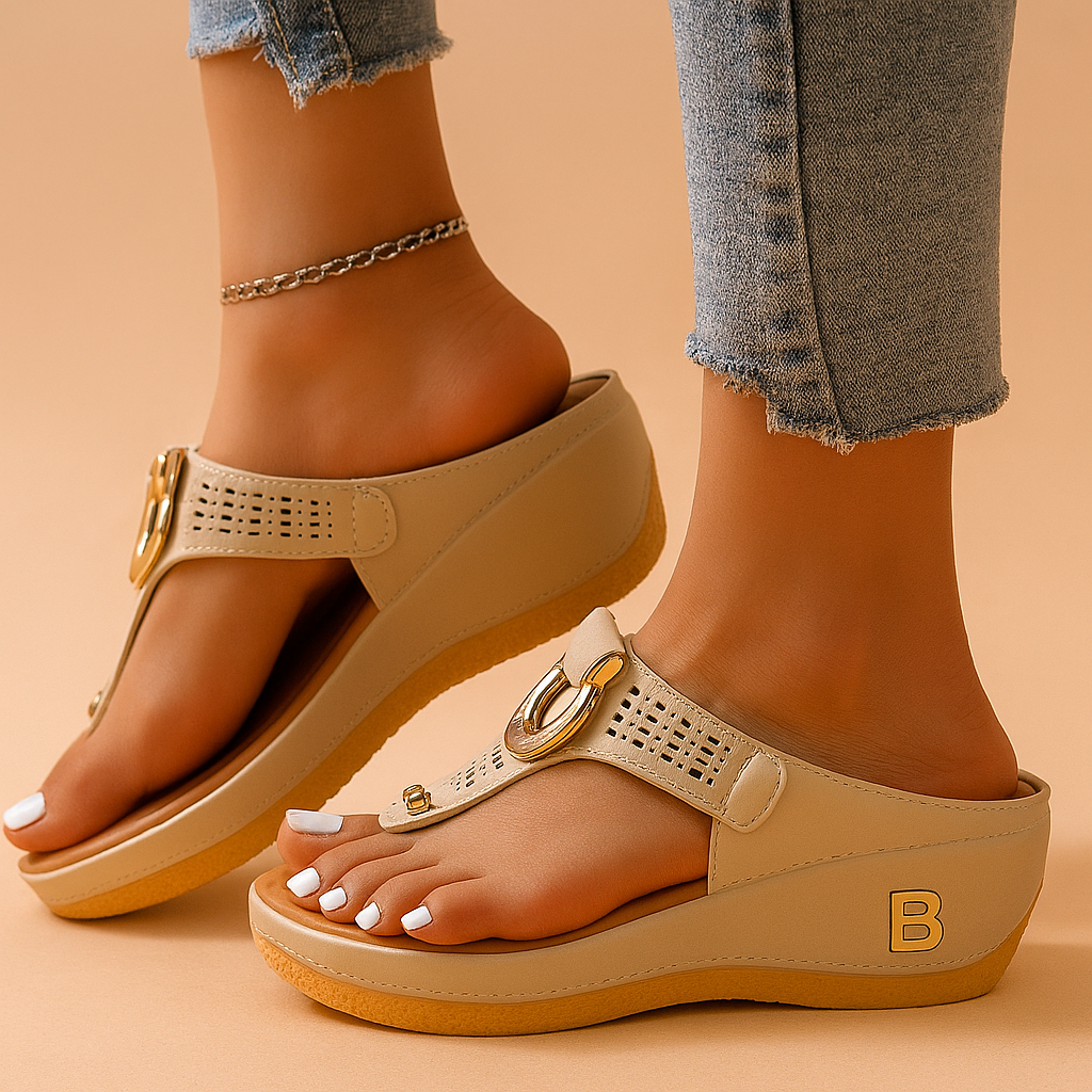 Ewa | Gold Buckle Wedge Sandals