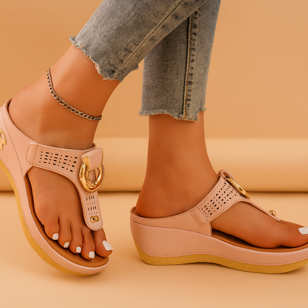 Ewa | Gold Buckle Wedge Sandals