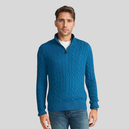 Duncan | Cable Knit Quarter Zip Sweater Ribbed Hem