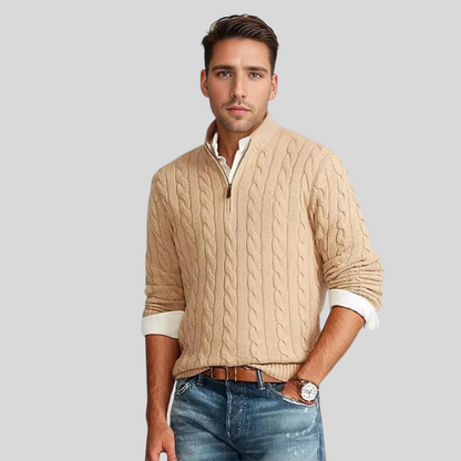 Duncan | Cable Knit Quarter Zip Sweater Ribbed Hem