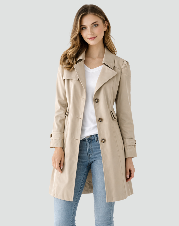 Edie | Fitted Single Breasted Trench Coat Gold Buttons