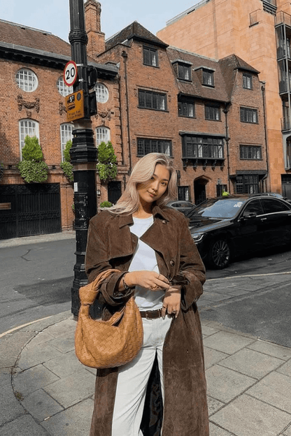 Galatea | Vegan Suede Belted Maxi Trenchcoat