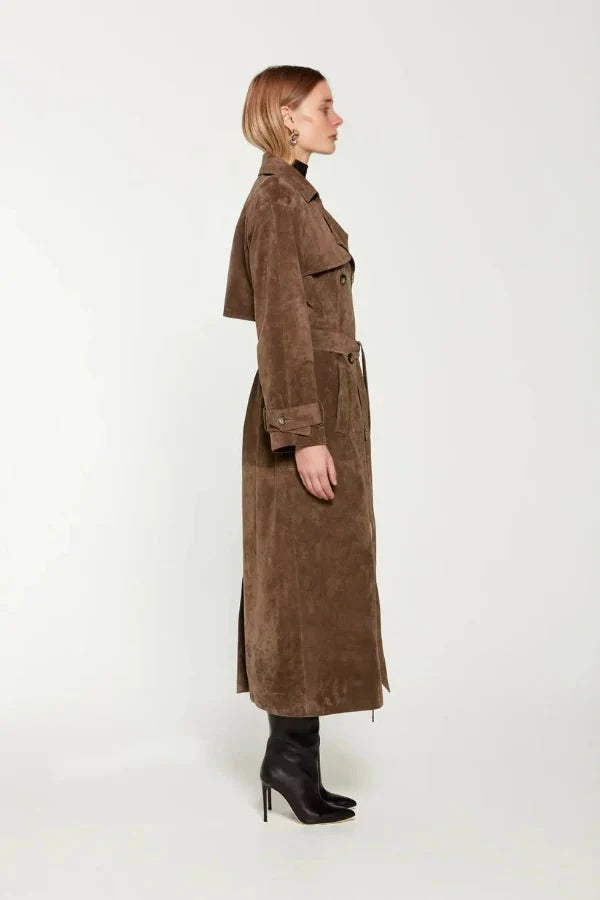 Galatea | Vegan Suede Belted Maxi Trenchcoat