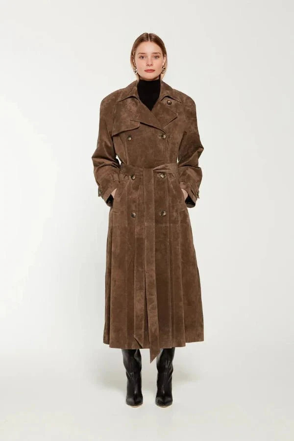 Galatea | Vegan Suede Belted Maxi Trenchcoat
