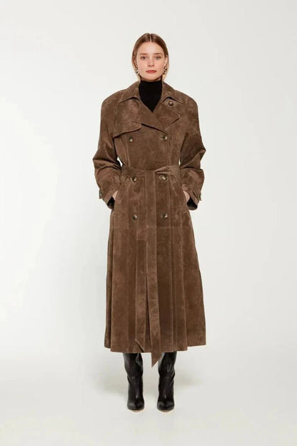 Galatea | Vegan Suede Belted Maxi Trenchcoat
