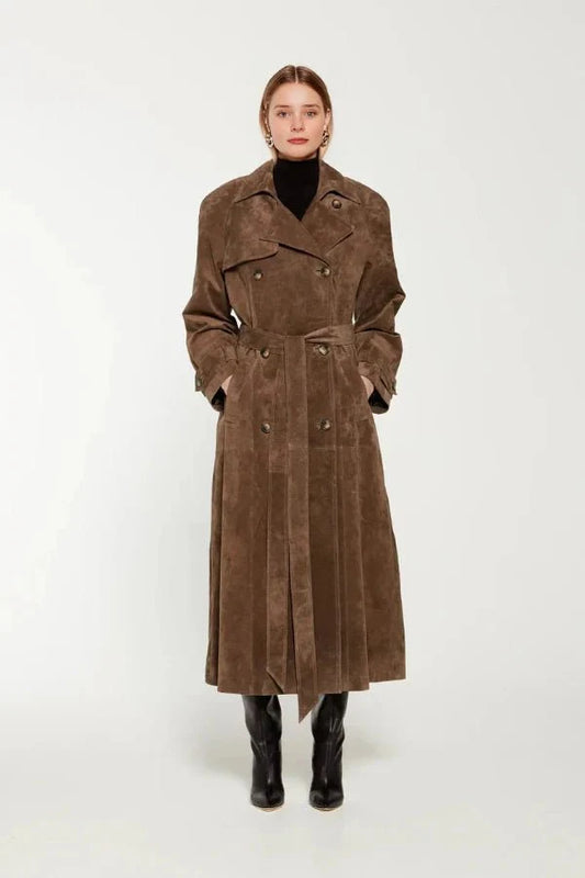 Galatea | Vegan Suede Belted Maxi Trenchcoat