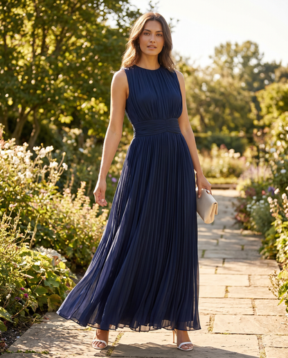 Ruched Chiffon A-Line Maxi Dress — Sleeveless Special Occasion Style
