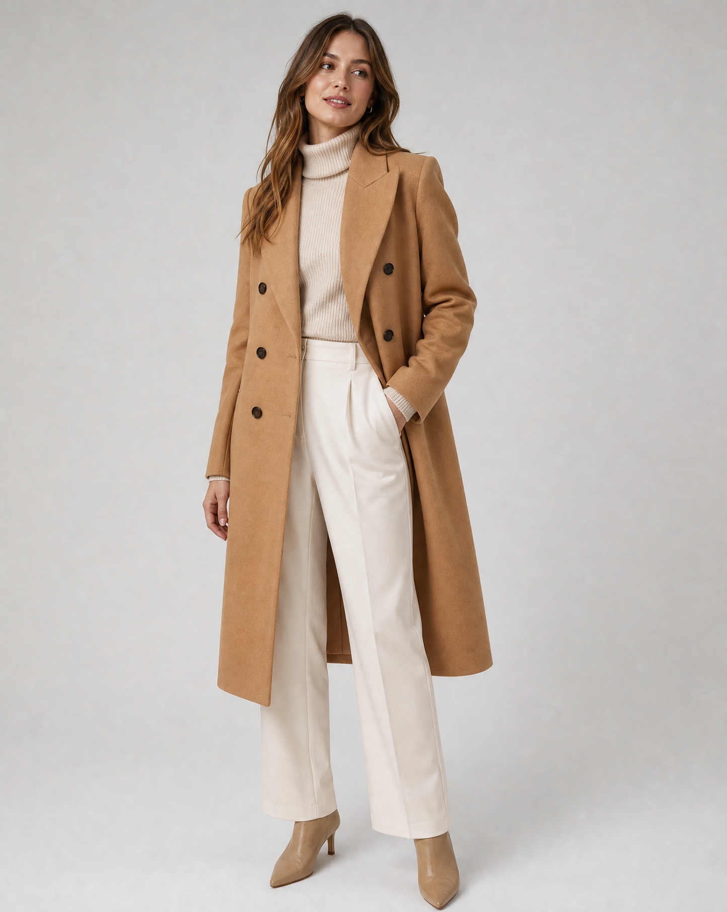 Women's Lapel Wool-Blend Tailored Coat — Double-Breasted Long-Sleeve Overcoat