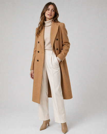 Women's Lapel Wool-Blend Tailored Coat — Double-Breasted Long-Sleeve Overcoat