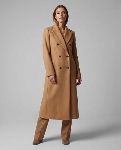 Women's Lapel Wool-Blend Tailored Coat — Double-Breasted Long-Sleeve Overcoat